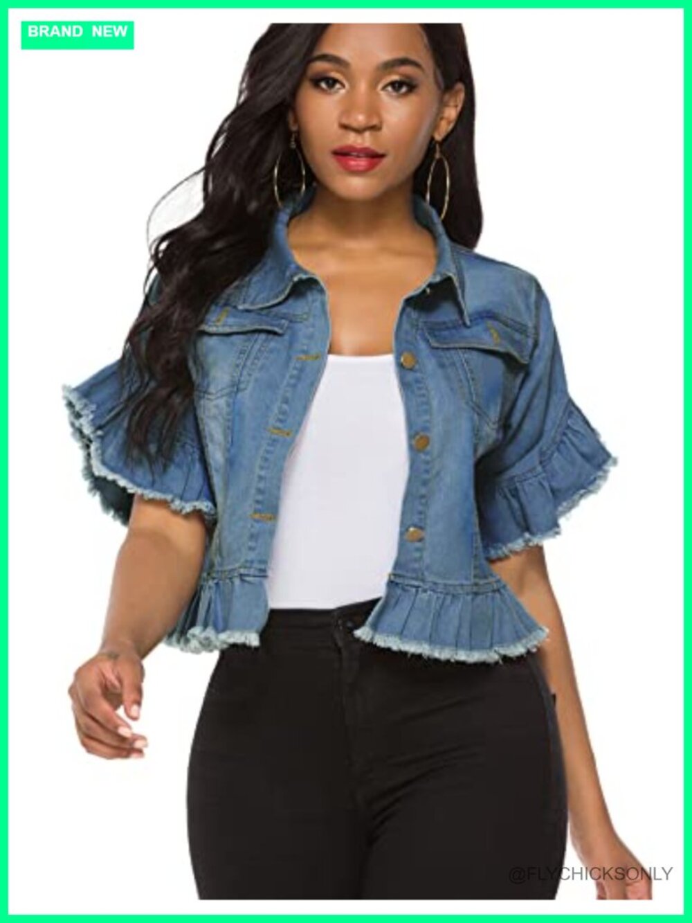 Women Ruffle Short Sleeve Cropped Denim Jacket Cotton Blend Lightweight
